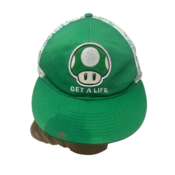 Nintendo Get A Life Green Trucker Hat Mens L 1-Up Mushroom Snapback - Picture 12 of 13